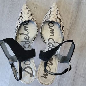 Mid heel pointy open back snake skin print shoes, US 9 1/2, white and dark gray